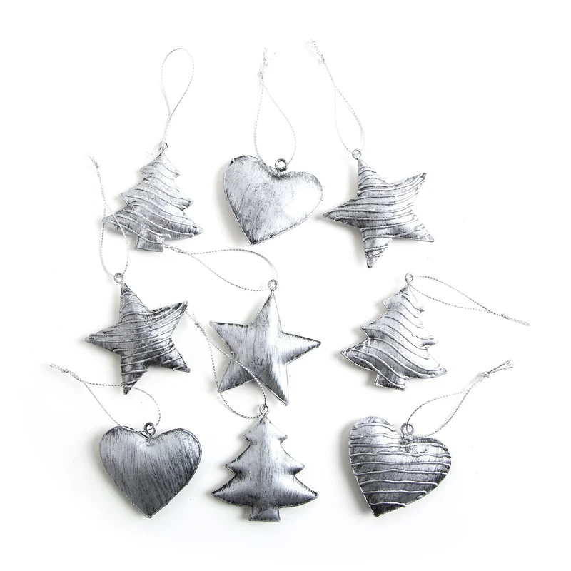 Weihnachtsanhänger Set 3 x 3 silberfarbene Anhänger Baum + Stern + Herz aus Metall