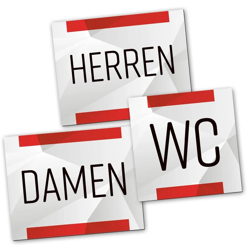 Badezimmer Türschild neutral rot grau Set „Damen“ + „Herren“ + „WC“
