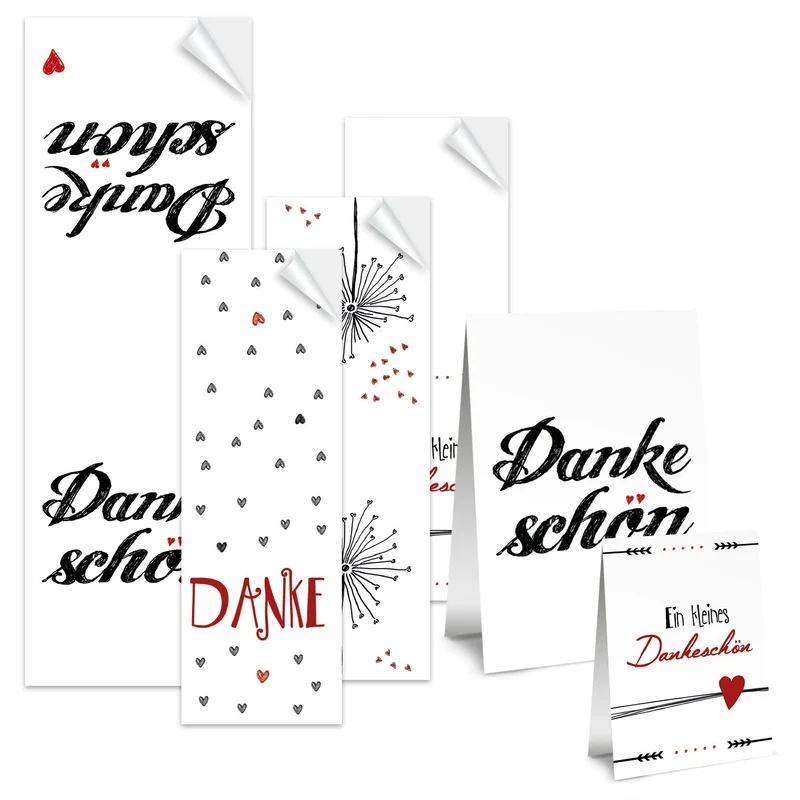 SET 80 Dankeschön + Herzen Aufkleber - je 20 Stück pro Design DANKE HERZ DANKESCHÖN Verpackung Banderolen Etiketten weiß rot schwarz Verpackung Geschenke Geschenkaufkleber