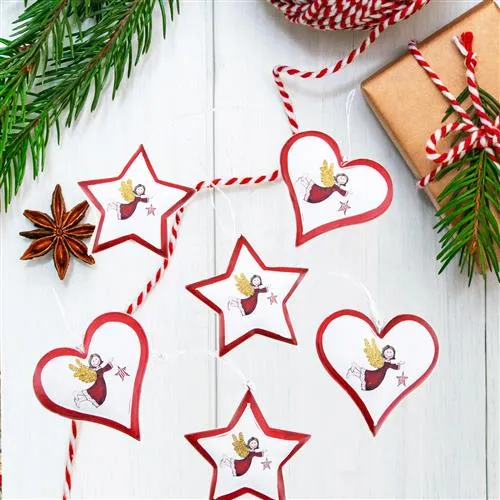 6 Weihnachtsanhänger Herz u. Stern rot weiß mit Schnur Metallanhänger Vintage m. Engel