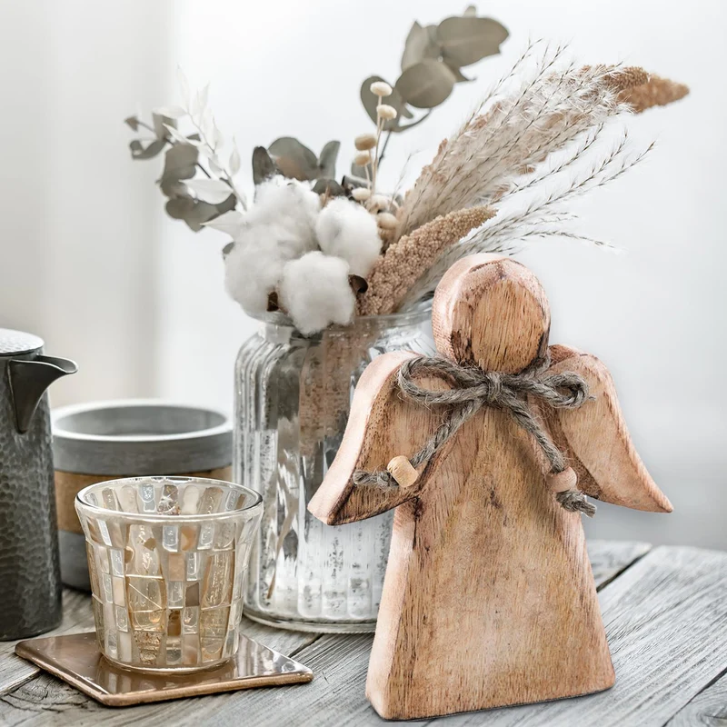 Holzengel Figur 15 cm aus Mangoholz - Weihnachtsdeko zum Hinstellen Engelfigur braun natur