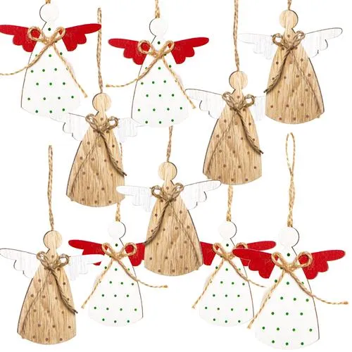 10 Weihnachtsanhänger Set - 2 x 5 natur rot weiße Engel Holzengel mit Schnur