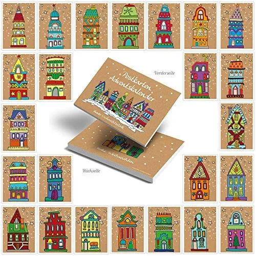 24 Weihnachtspostkarten DIN A6 – Weihnachtsmotive bunt, ideal als Adventskalender