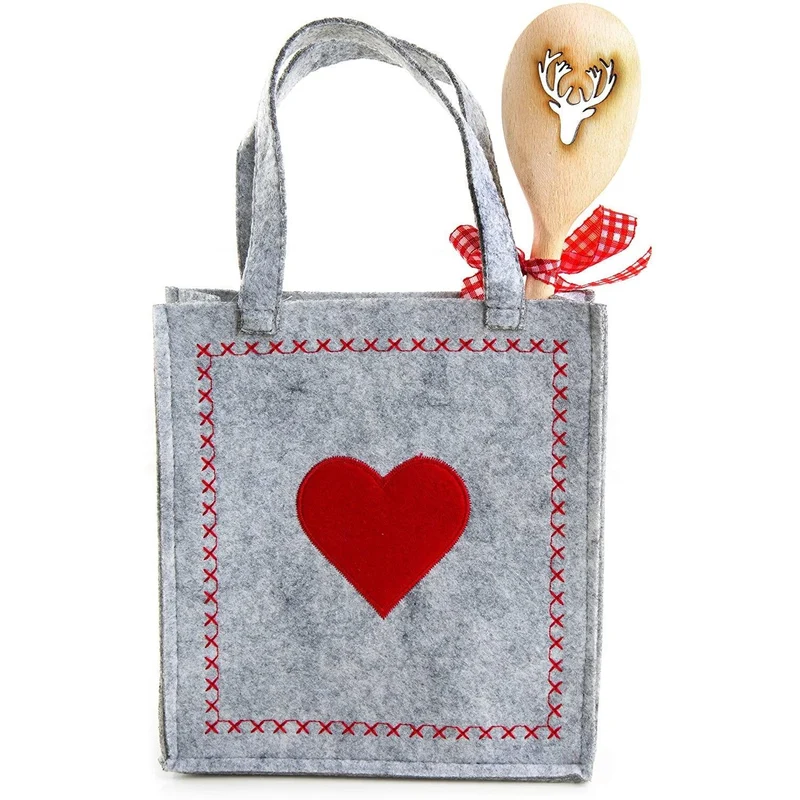 Kleine Geschenktasche 18 x 20 cm Filz + Hirsch Geweih Holz Kochlöffel Verpackung Weihnachten Geschenkbeutel HERZ rot grau kariert Kunden