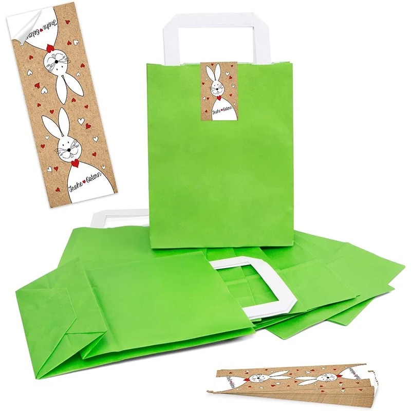 Hellgrüne Henkeltüten 18 x 8 x 22 cm mit Oster-Banderolen in verschiedenen Motiven
