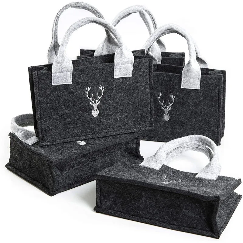 5 dunkelgraue Filztaschen Weihnachten mit Hirsch-Motiv – Geschenktaschen aus Filz 19,5 x 13 x 5 cm