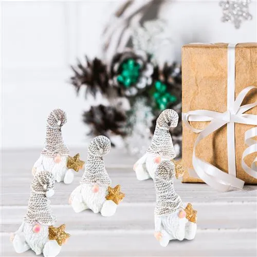 5 kleine Wichtelfiguren weiß braun mit goldenem Stern + Glitzer Zipfelmütze 7 cm