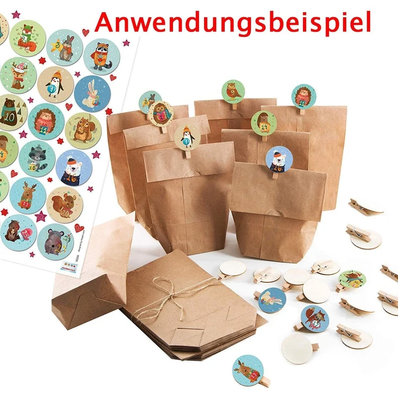 24 Adventskalenderzahlen f. DIY Adventskalender: Aufkleber + Holzklammern rund 4 cm bunt für Kinder