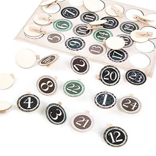 1-24 Zahlen Sticker zum Adventskalender basteln: Aufkleber + Holzklammern Holz Scheibe 4 cm Aufkleben beige grün