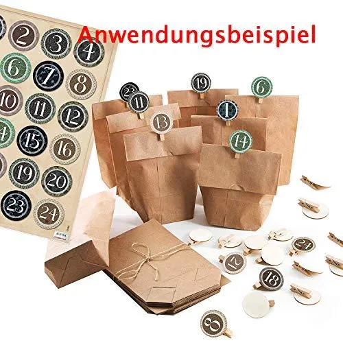 1-24 Zahlen Sticker zum Adventskalender basteln: Aufkleber + Holzklammern Holz Scheibe 4 cm Aufkleben beige grün