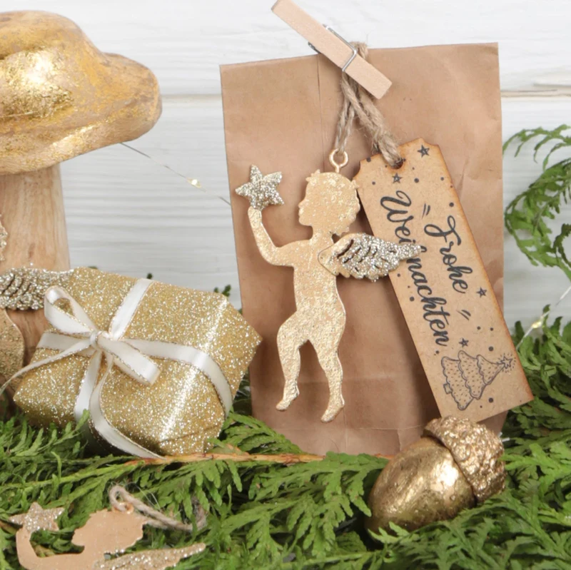 8 kleine Nüsse Eichelnüsse 5 x 3 cm gold als Weihnachtsanhänger Geschenkanhänger Deko