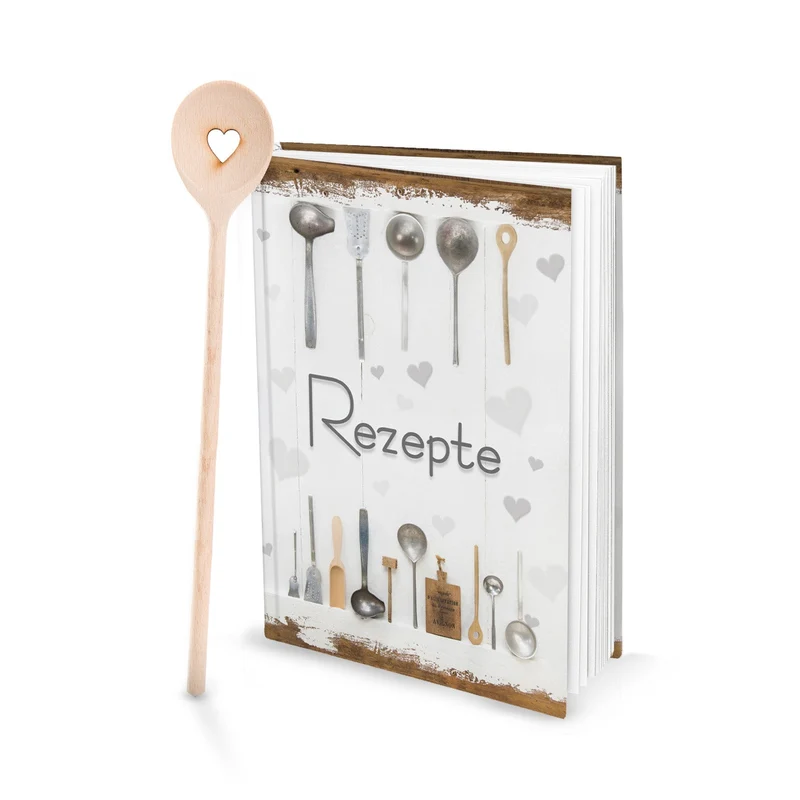 Geschenk-SET Rezeptbuch zum Selberschreiben SHABBY CHIC weiß natur + Kochlöffel mit HERZ DIN A5 HARDCOVER Eigenes Kochbuch Meine Rezepte Buch zum Einschreiben Geschenk Küche Kochen