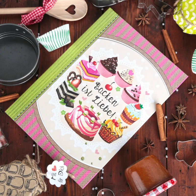 Backbuch A4 zum Selberschreiben mit leeren Seiten DIN A4 BACKEN IST LIEBE rosa beige