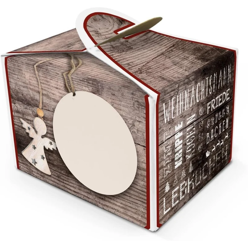 24 Geschenkboxen braun mit Engel 8 x 6,5 x 5,5 cm und runden Aufklebern beige-rot