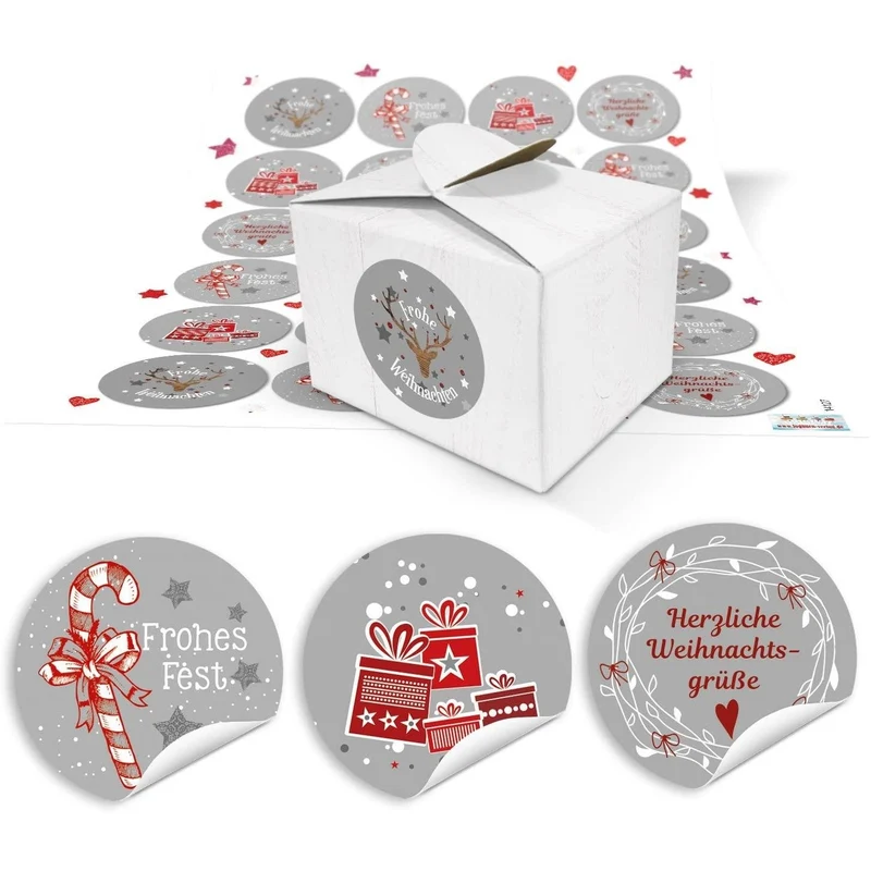 24 Geschenkboxen weiß 8 x 6,5 x 5,5 cm mit runden Weihnachtsaufklebern rot-grau
