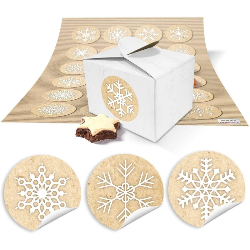24 Geschenkboxen weiß 8 x 6,5 x 5,5 cm mit runden Aufklebern „Schneeflocke“ beige-weiß