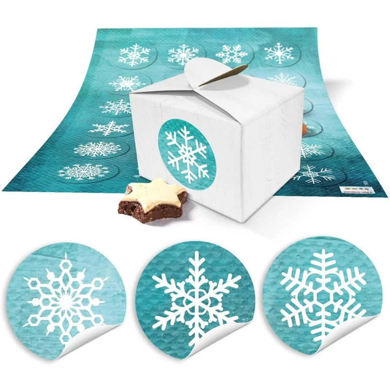 24 Geschenkboxen weiß 8 x 6,5 x 5,5 cm mit runden Aufklebern „Schneeflocke“ türkis-weiß