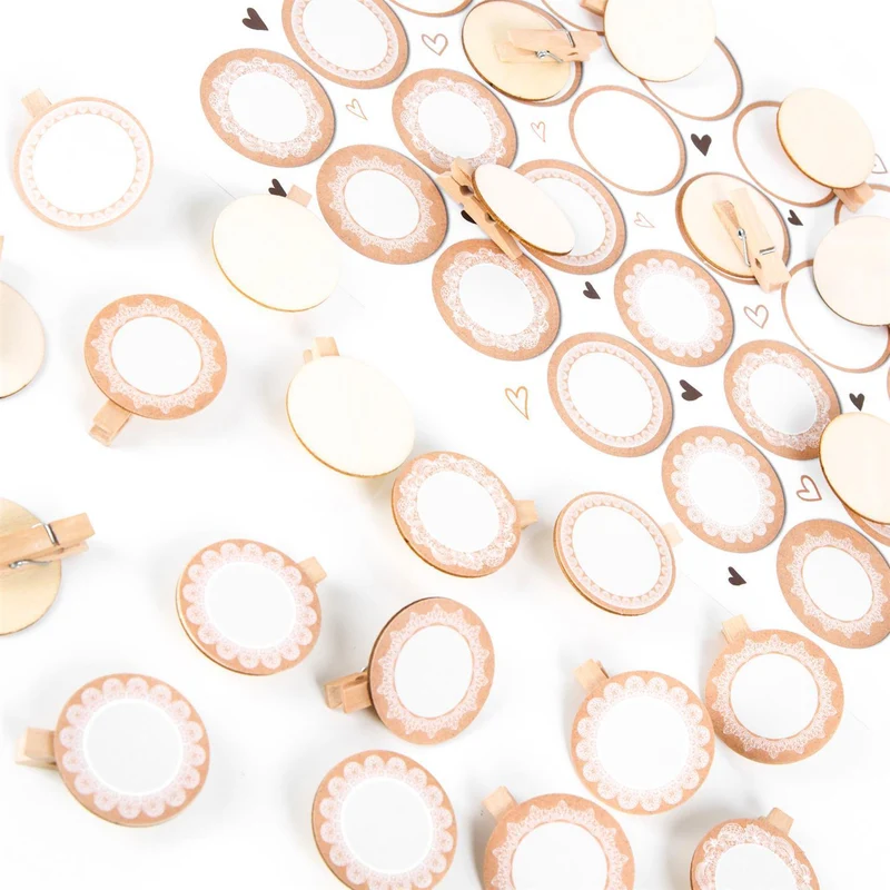 24 Aufkleber weiß beige blanko + 24 Scheibenklammern aus Holz Tischdeko Namensschild zum Beschriften