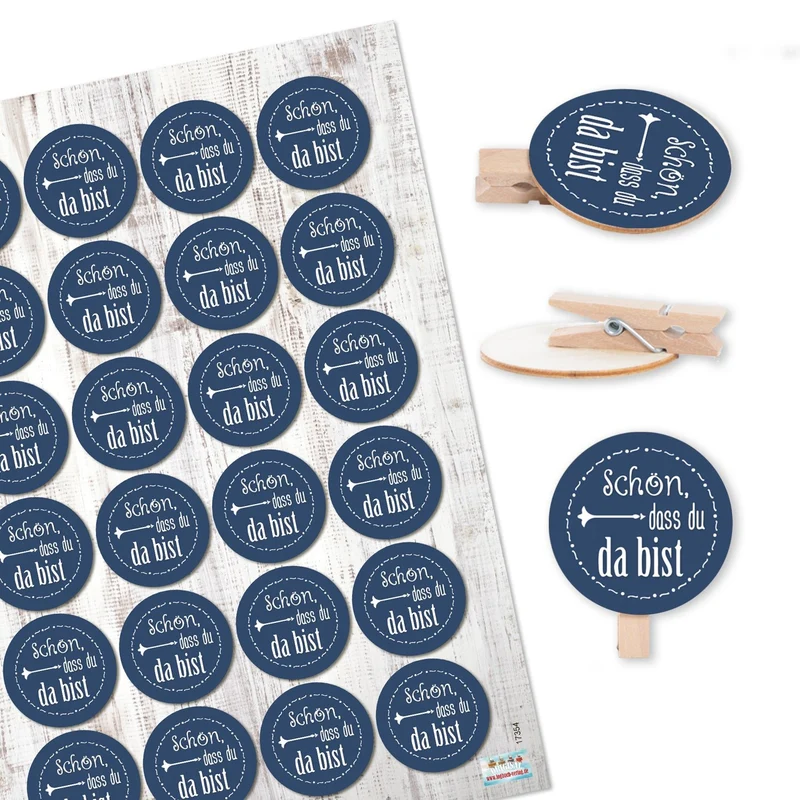 24 Klammern aus Holz + 24 runde Sticker Schön, dass du da bist zum Basteln als Dekoration Give-away - blau maritim