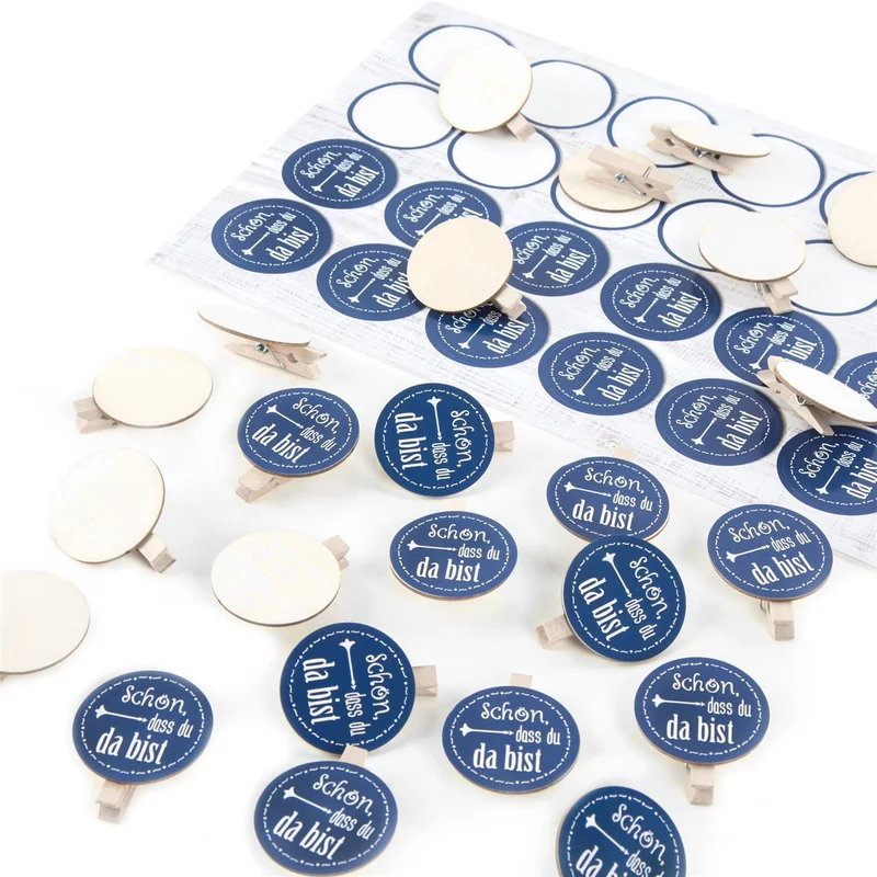 24 Klammern aus Holz + 24 runde Sticker Schön, dass du da bist zum Basteln als Dekoration Give-away - blau maritim
