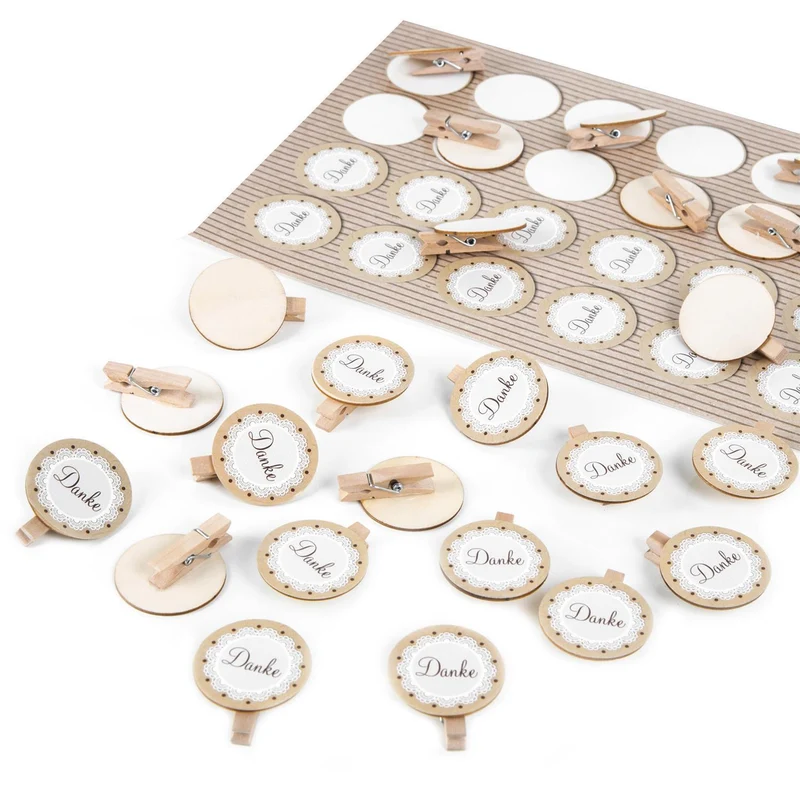 24 Danke Aufkleber + 24 Holzklammern mit runder Holzscheibe Natur beige braun Dankeschön Sticker