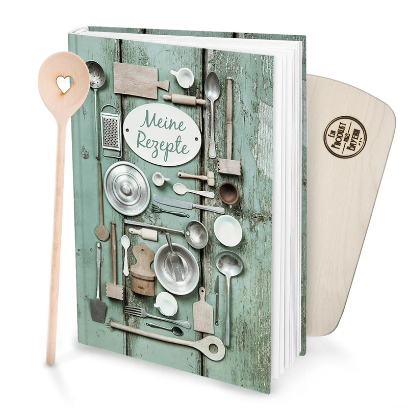 Geschenk-SET XXL Rezeptbuch zum Selberschreiben GRÜN SILBER alt + Holz Kochlöffel + kleines Küchenbrett DIN A4 HARDCOVER Meine Rezepte sammeln Liebslingsrezepte Buch zum Einschreiben als Geschenk