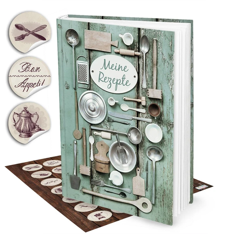 Geschenk-SET XXL Rezeptbuch Kochbuch zum Selberschreiben GRÜN SILBER alt DIN A4 + 35 nostalgische Küchen-Aufkleber HARDCOVER Meine Rezepte sammeln Liebslingsrezepte Buch zum Einschreiben