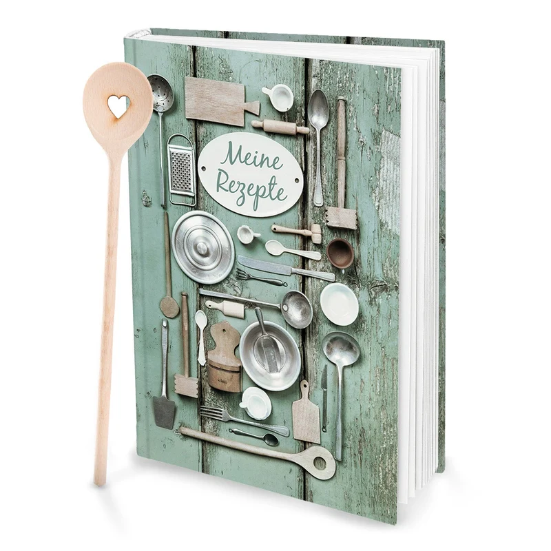 Geschenk-SET XXL Rezeptbuch zum Selberschreiben GRÜN SILBER alt + HERZ Kochlöffel DIN A4 HARDCOVER Meine Rezepte sammeln Liebslingsrezepte Buch zum Einschreiben als Geschenk