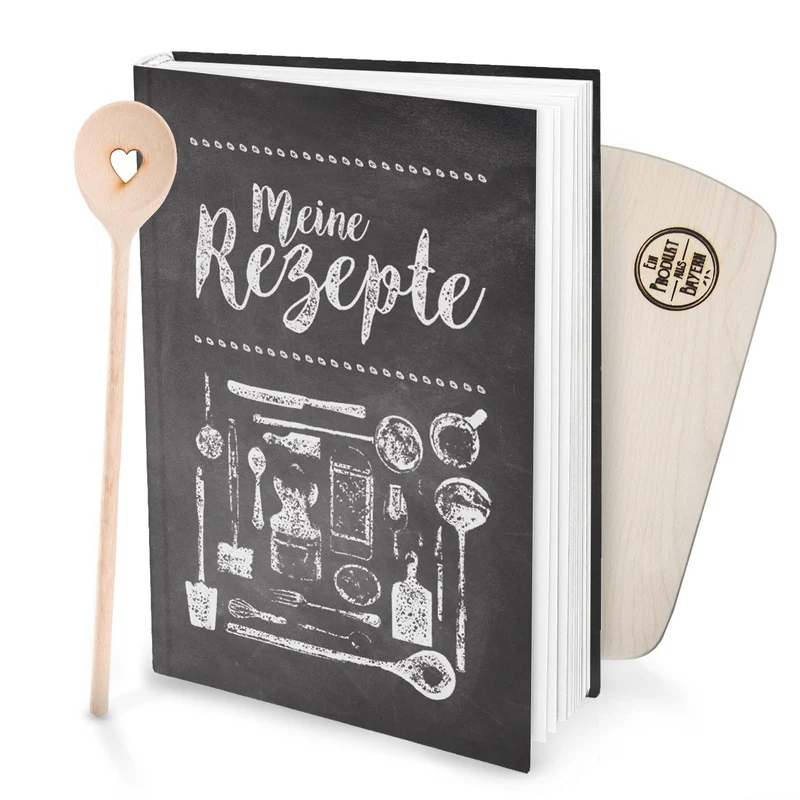 Geschenk-SET Rezeptbuch zum Selberschreiben LEDER-NOSTALGIE Look braun beige DIN A4 + HERZ Kochlöffel + kleines Brotzeitbrettchen Holz Eigenes Kochbuch Meine Rezepte Geschenk Küche Kochen
