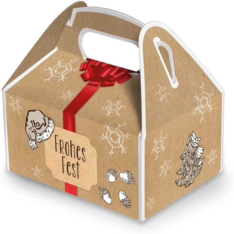 20 weihnachtliche Geschenkboxen mit Griff braun-rot 9 x 12 x 6 cm mit Aufdruck „Frohes Fest“
