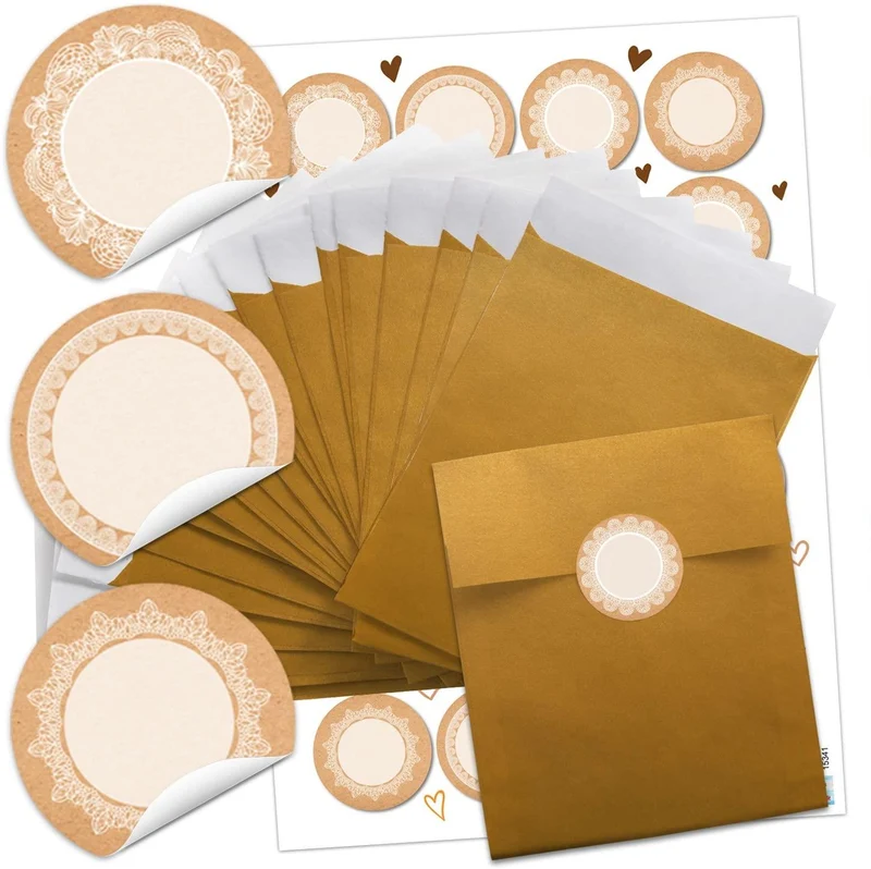 24 kleine gold-farbene Papiertüten 13 x 18 cm + 24 runde blanko Aufkleber 4 cm Kraftpapier Spitze vintage weiß beige Verpackung Tischkarten Geschenktüte Tüte + Etiketten