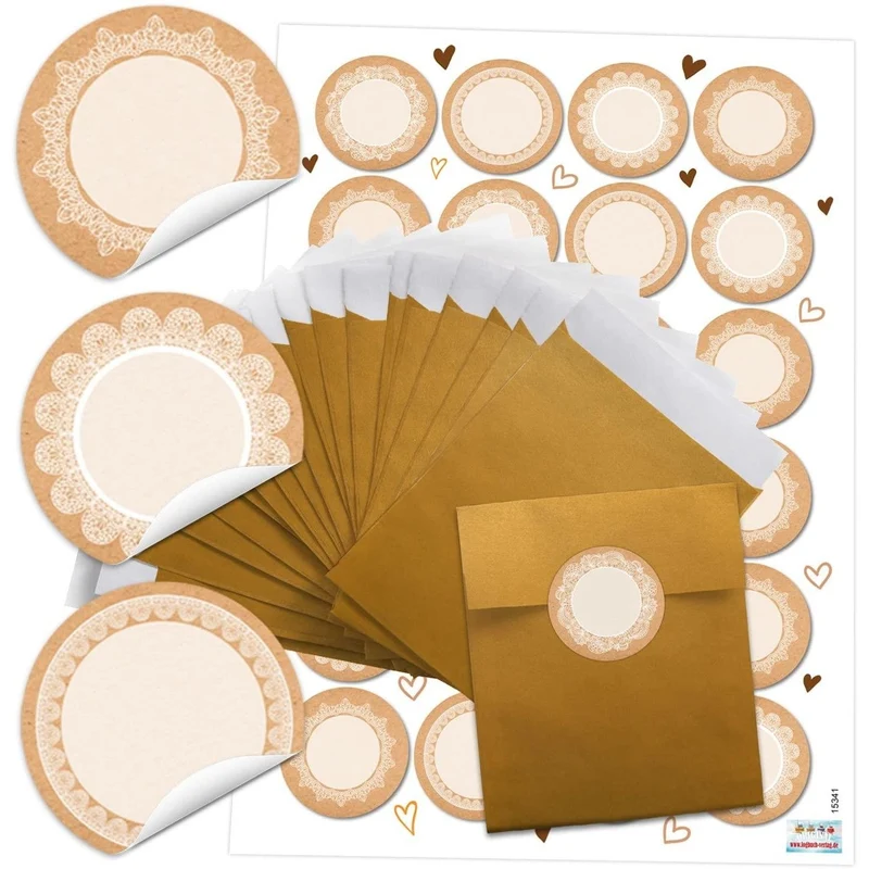 24 kleine gold-farbene Papiertüten 9,5 x 14 cm + 24 runde blanko Aufkleber 4 cm Kraftpapier Spitze vintage weiß beige Verpackung Tischkarten Geschenktüte Tüte + Etiketten