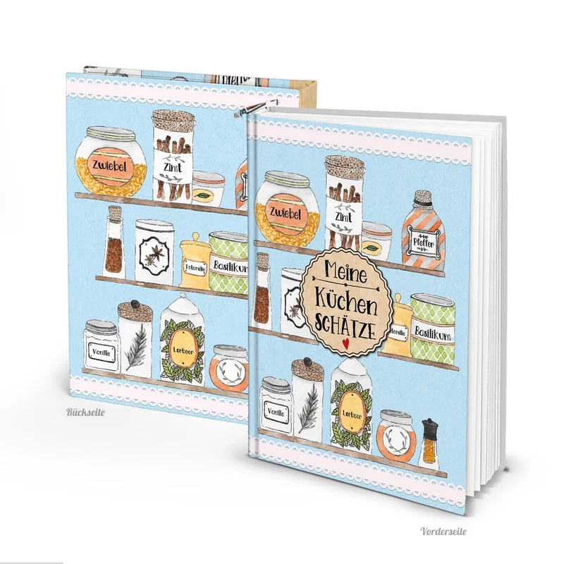 DIY Rezeptbuch MEINE KÜCHENSCHÄTZE DIN A5 hellblau mit Gewürzen - leeres Kochbuch - Geschenk Küche