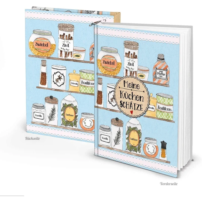 DIY Rezeptbuch MEINE KÜCHENSCHÄTZE DIN A5 hellblau mit Gewürzen - leeres Kochbuch - Geschenk Küche