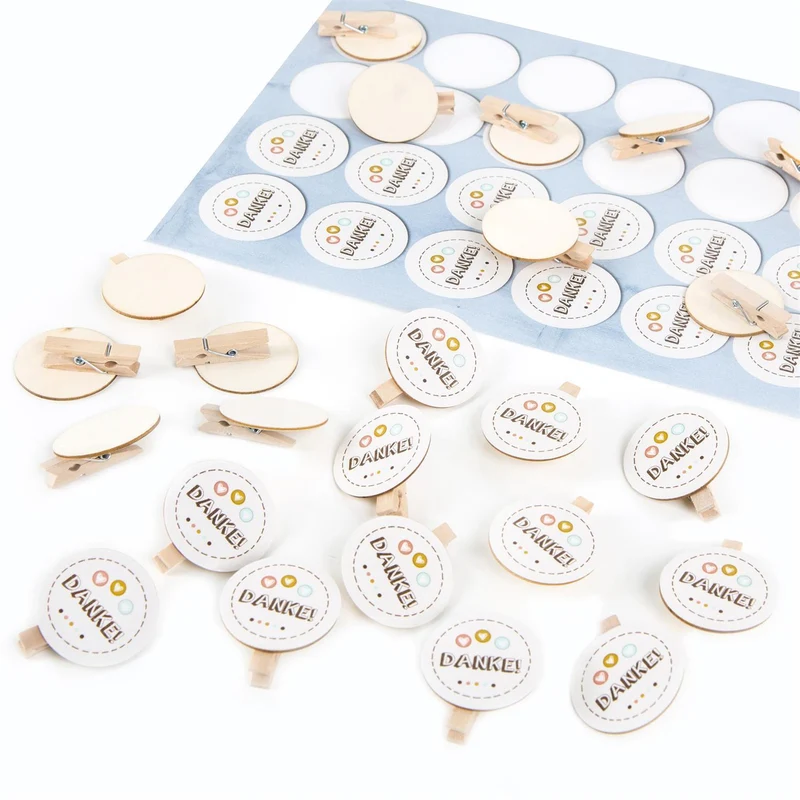 24 Holzklammern runde Scheibe + 24 Danke Aufkleber beige bunt mit Herzen Dankeschön Geschenk basteln