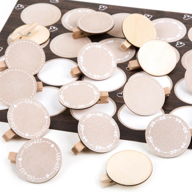 Logbuch-Verlag 96 Dekoklammern aus Holz + Blanko Aufkleber beige creme zum Beschriften - Holzklammern Etiketten Namensschild Tischkarte Hochzeit