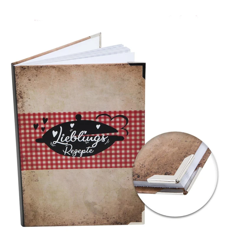 Vintage Rezeptbuch DIN A5 zum Selberschreiben LIEBLINGSREZEPTE - DIY Kochbuch Blanko mit Metallecken