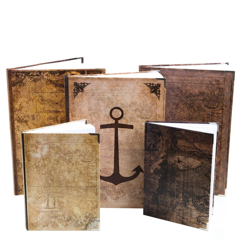 Logbuch-Verlag Blanko Bücher SET 5 Notizbücher 3 x DIN A4 + 2 x A5 - Tagebuch Notizbuch leer zum Selbst Gestalten Vintage rustikal Globus Weltkarte