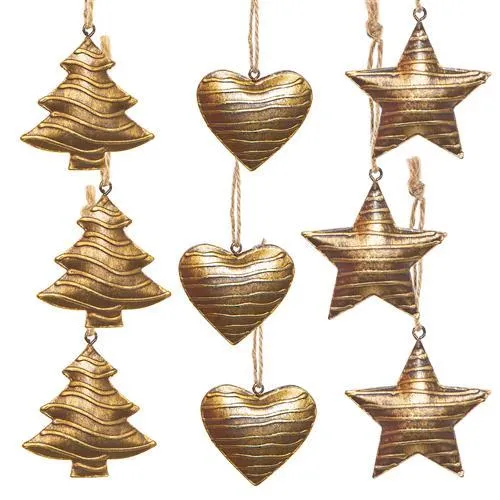 9 Weihnachtsanhänger aus Metall gold braun Baum + Herz + Stern 5 cm
