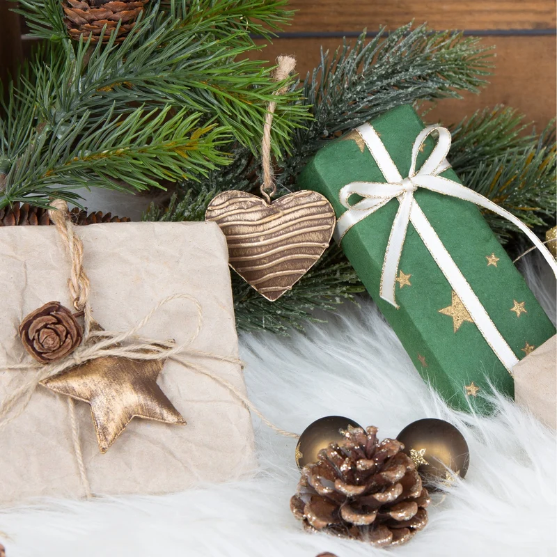 9 Weihnachtsanhänger aus Metall gold braun Baum + Herz + Stern 5 cm