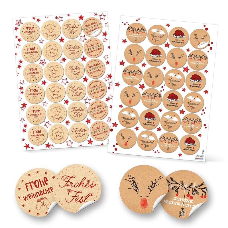 SET 48 Stück weihnachtliche Geschenkaufkleber Weihnachtsaufkleber mit Text Frohe Weihnachten rot beige schwarz-weiß natur Kraftpapier-Optik Aufkleber Weihnachtsgeschenke Verpackung Etiketten