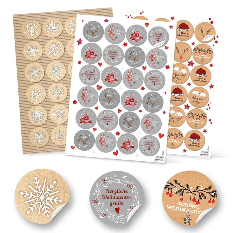 SET 6 x 24 Weihnachtsaufkleber Geschenkaufkleber FROHE WEIHNACHTEN + SCHNEEFLOCKE weihnachtlich Sticker rund 4 cm grau weiß rot natur schwarz Verpackung Weihnachtsgeschenke Geschenkverpackung