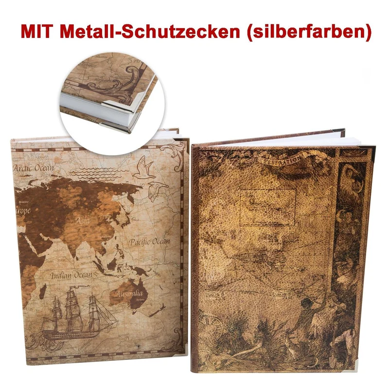 Logbuch-Verlag Geschenkset 2 Notizbücher DIN A4 Blanko + liniert - Weltkarte Globus Antike Motiv - Vintage Bücher zur individuellen Gestaltung - Geschenkidee