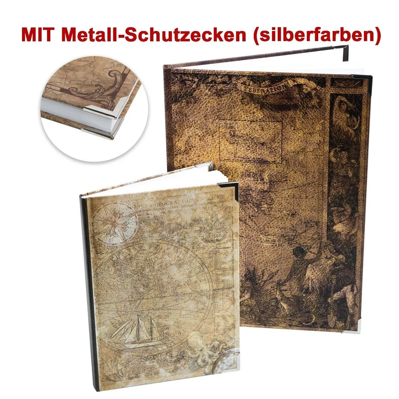Loguch-Verlag 2 Notizbücher blanko leer zum selbst Gestalten - DIN A4 + A5 - Bücher mit Weltkarte Globus Motiv als Tagebuch Arbeitsbuch Skizzenbuch