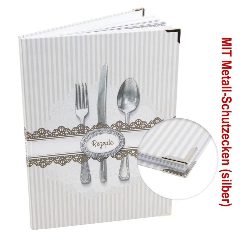 XXL Rezeptbuch zum Selberschreiben grau weiß Besteck DIN A4 - MEINE REZEPTE mit Metallecken