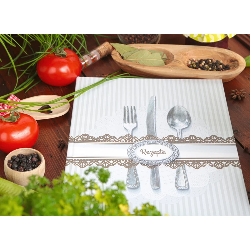 XXL Rezeptbuch zum Selberschreiben grau weiß Besteck DIN A4 - MEINE REZEPTE mit Metallecken