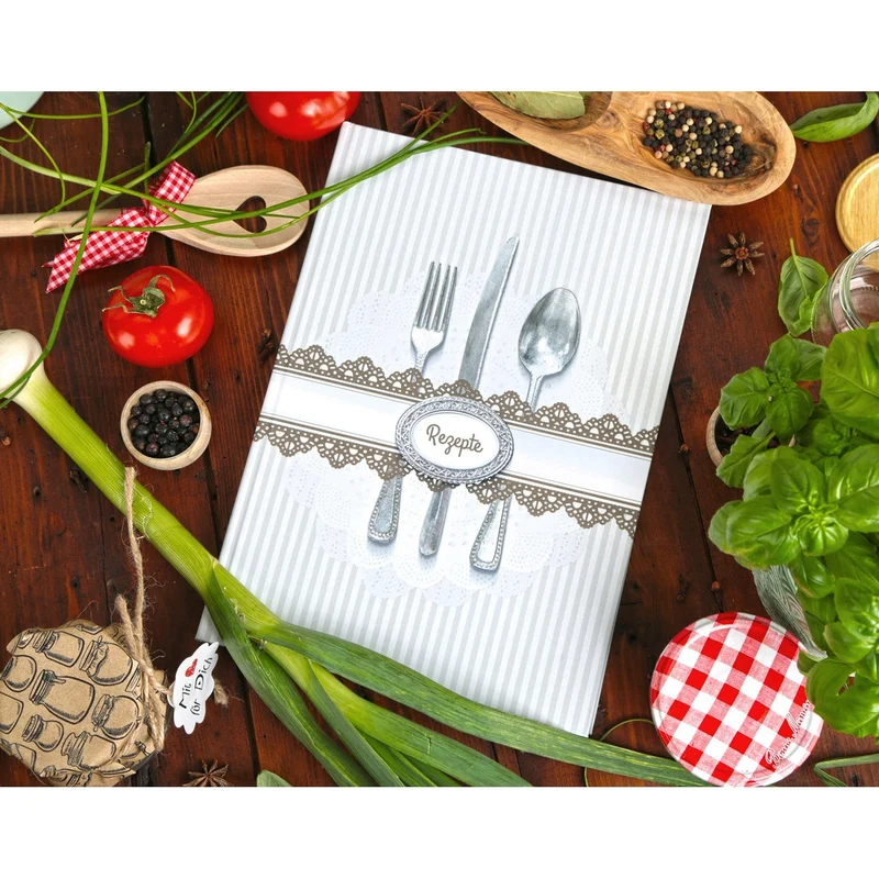 XXL Rezeptbuch zum Selberschreiben grau weiß Besteck DIN A4 - MEINE REZEPTE mit Metallecken