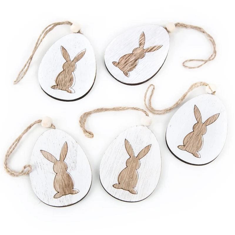 Logbuch-Verlag 10 Holz Osteranhänger Osterei Osterdeko Osterhase Holz 7 cm mit Schnur zum Aufhängen Weiss braun Natur Osterhänger Ostern Deko Geschenkanhänger