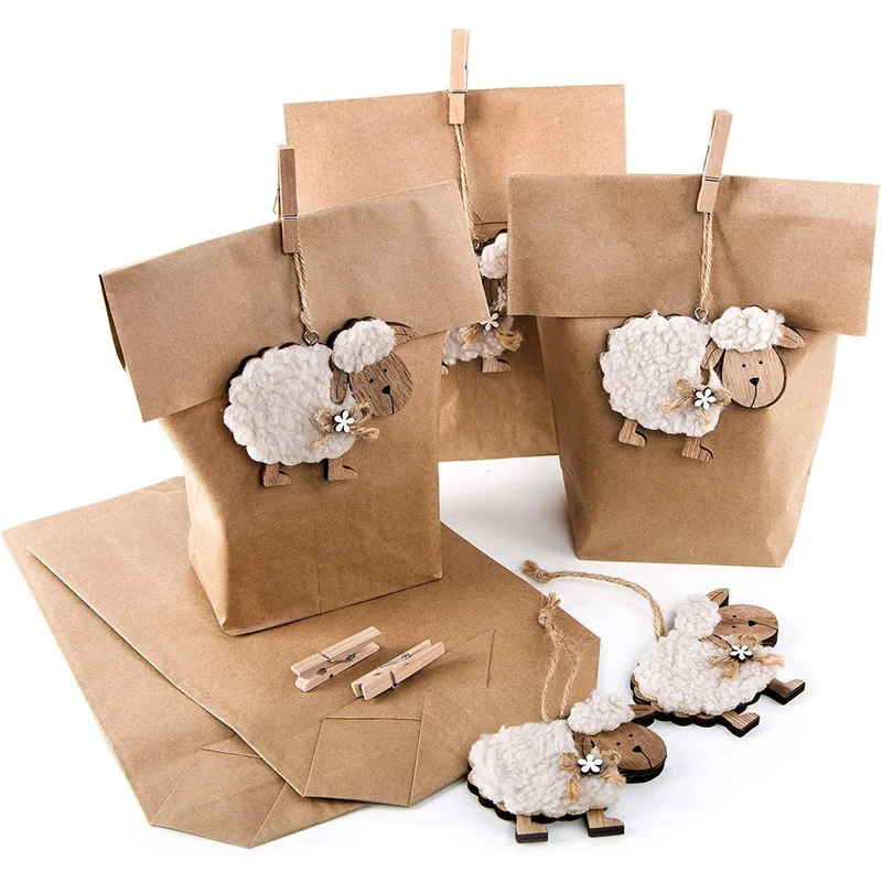 Logbuch-Verlag Set Osterverpackung: 5 Papiertüte braun 16,5 x 26 cm + 5 Schafe Holz Ostern Anhänger Geschenkanhänger Osternest für Kinder Geschenke Osterdeko