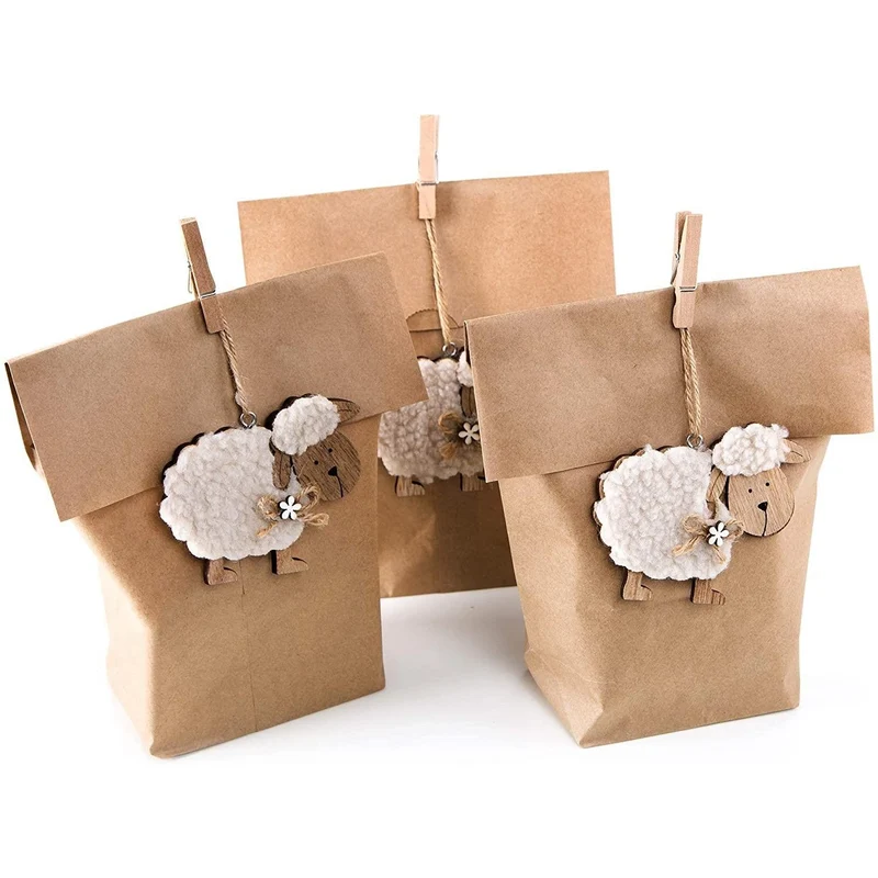 SET Osterverpackung: 3 Papiertüte braun 16,5 x 26 cm + 3 Schafe Holz Ostern Anhänger Geschenkanhänger Osternest für Kinder Geschenke Osterdeko